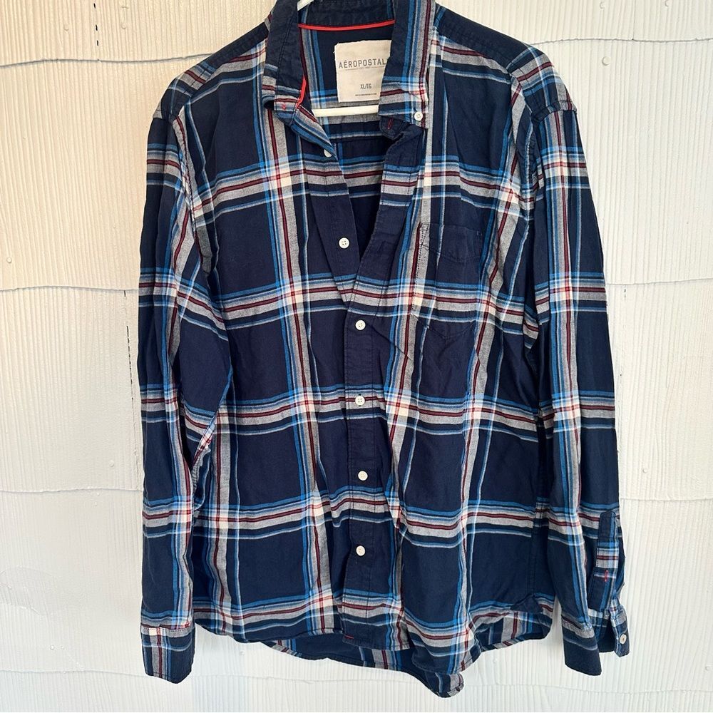 Aeropostale Men’s XL Plaid Blue Navy Button Down Casual Long Sleeve Shirt
